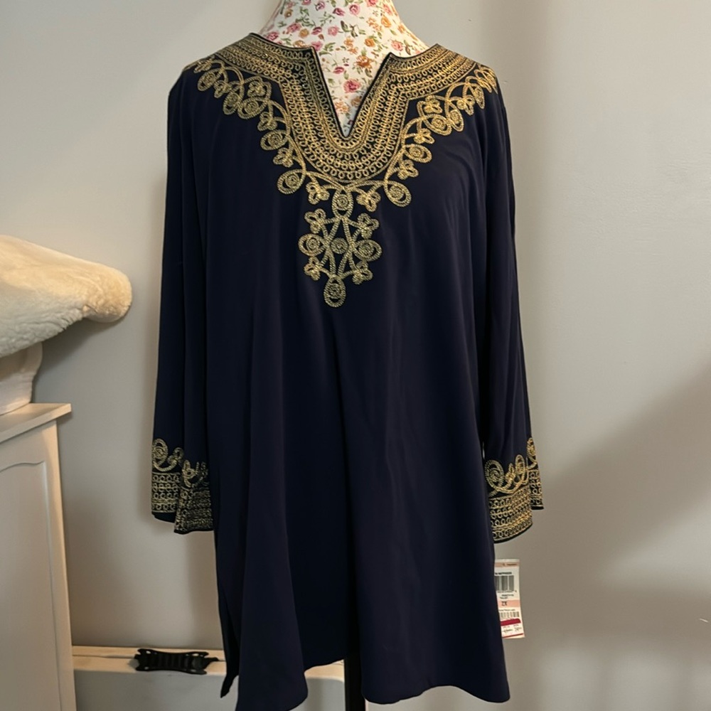 🆕NWT* I.N.C. Slit-Neckline Tunic Navy/Gold Metallic Appliqué Size2X 100% Cotton